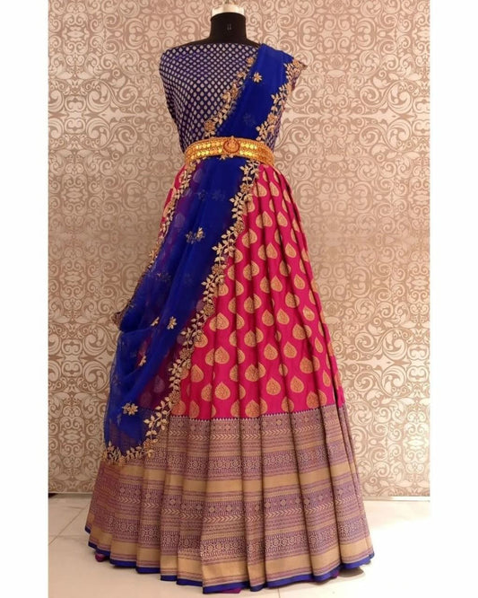 Beautiful Pink And Blue Pure Kanjeevaram Silk With Zari Border, Jacquard Blouse And Organza Dupatta in Phoenix