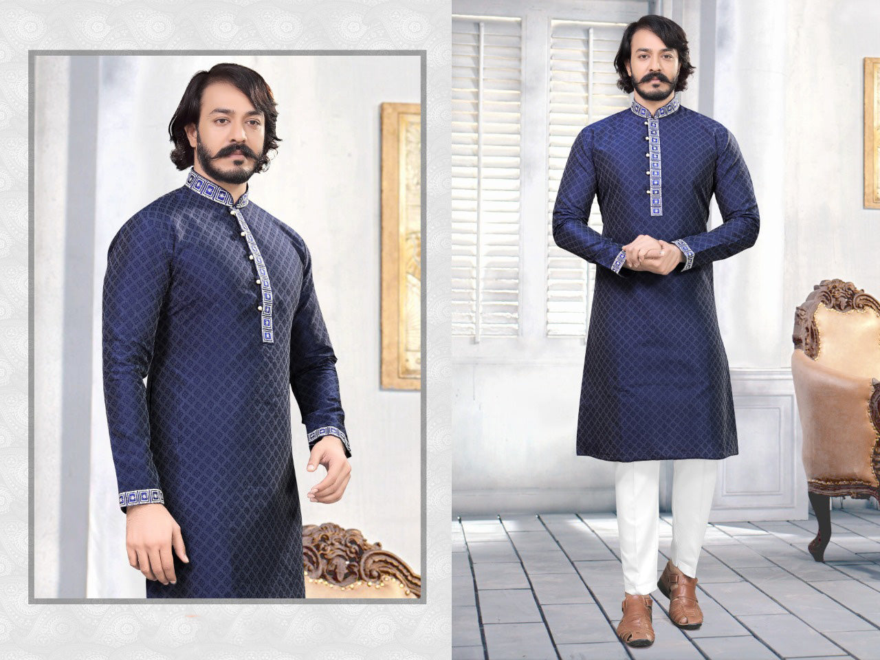 Dark Blue Embroidered Men's Cotton Silk Kurta Pajama Set In Tempe