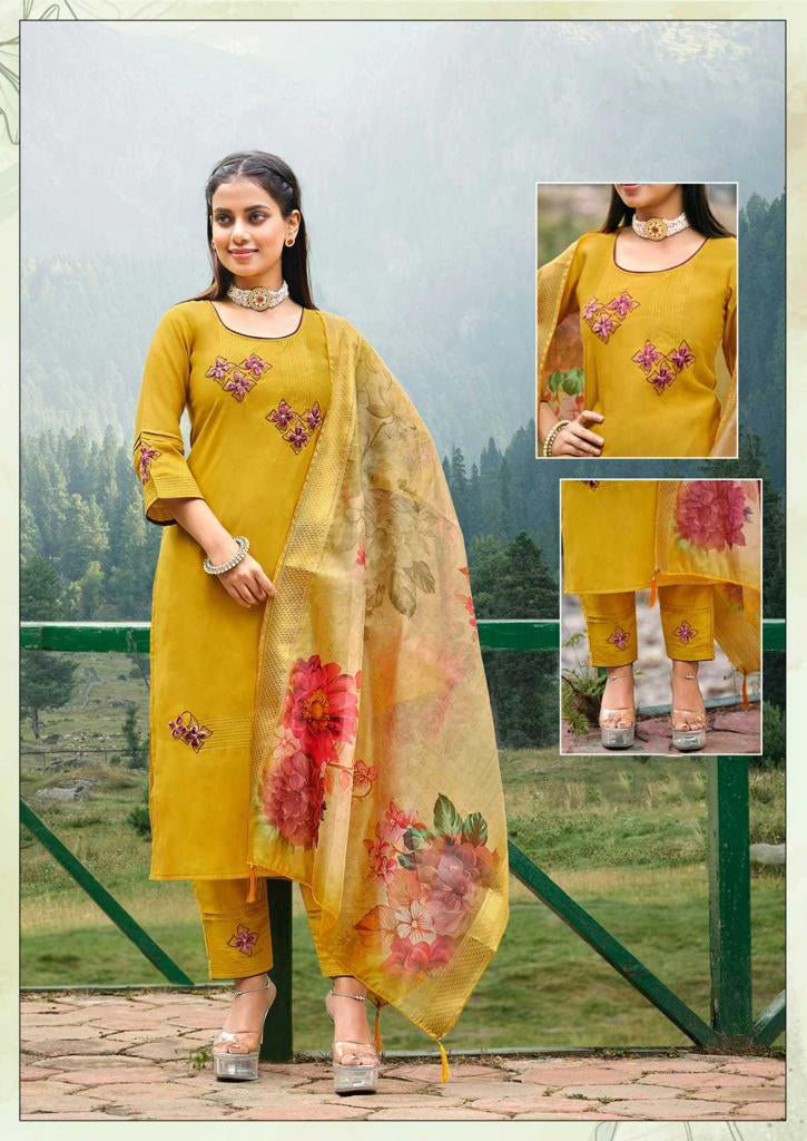 Charming Yellow Colored Cotton With Roman Silk Kurti Sets For Women