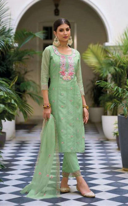 Appealing Green Color Embroidery Kurti Salwar Suits With Dupatta For Women