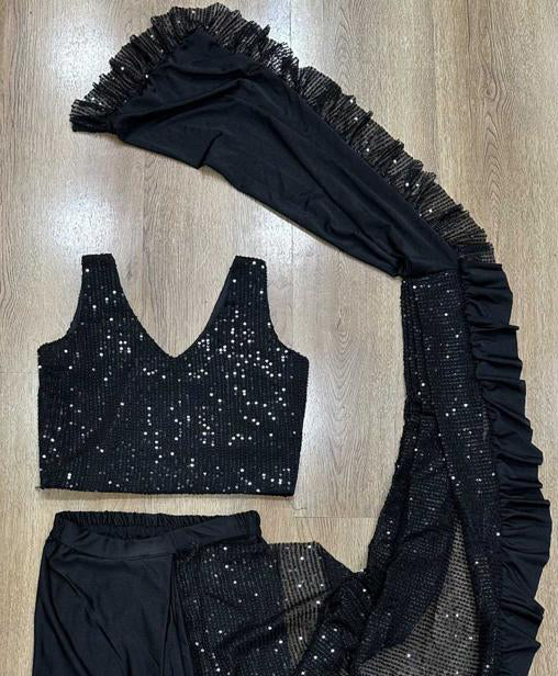 Attractive Black Color Ready To Wear Lycra Designer Saree For Kids Near Me