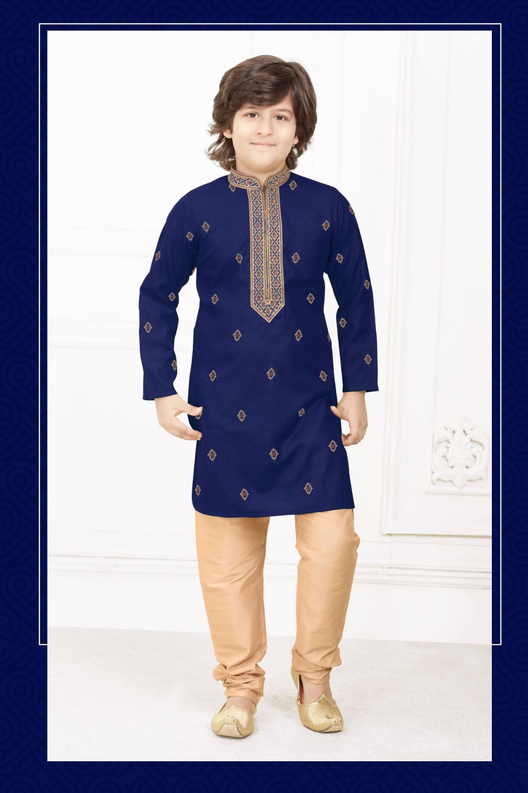 Charming Navy Blue Color Poly Cotton Embroidery Kurta Set With Pajama Pant For Kids