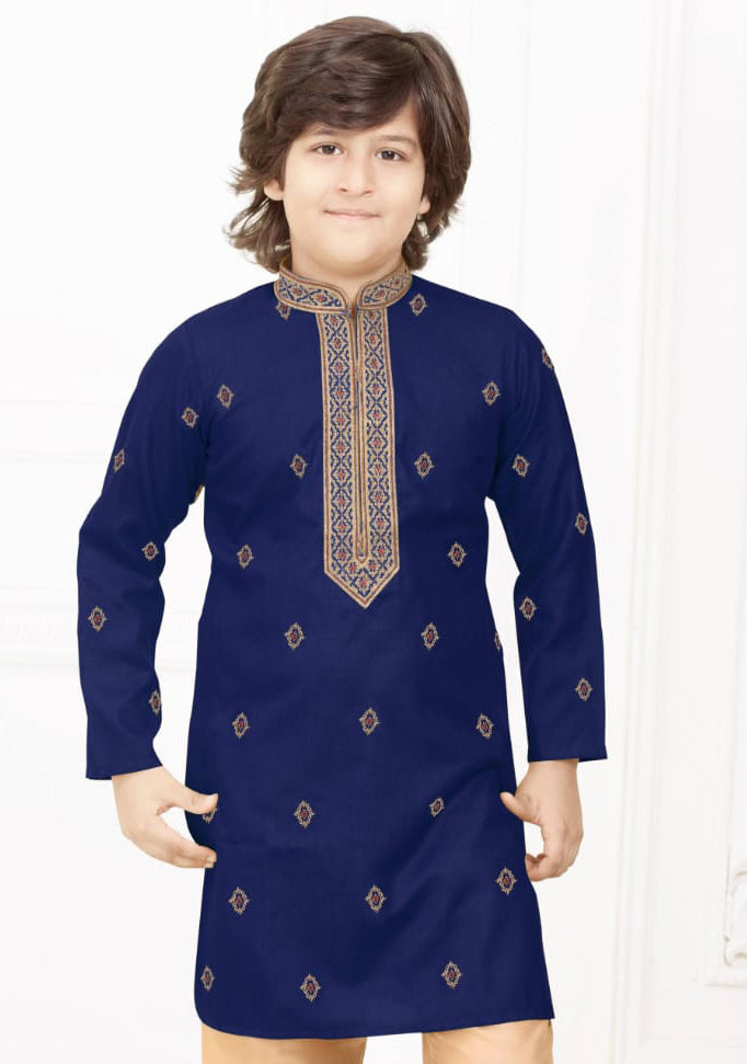 Navy Blue Color Poly Cotton Embroidery Kurta Set With Pajama Pant For Kids Near Me