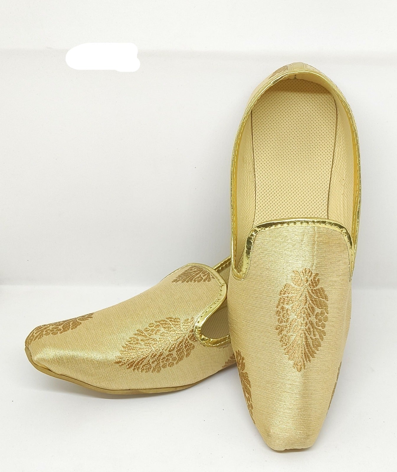 Appealing Gold Color Brocade Big Butti Mojaris For Men