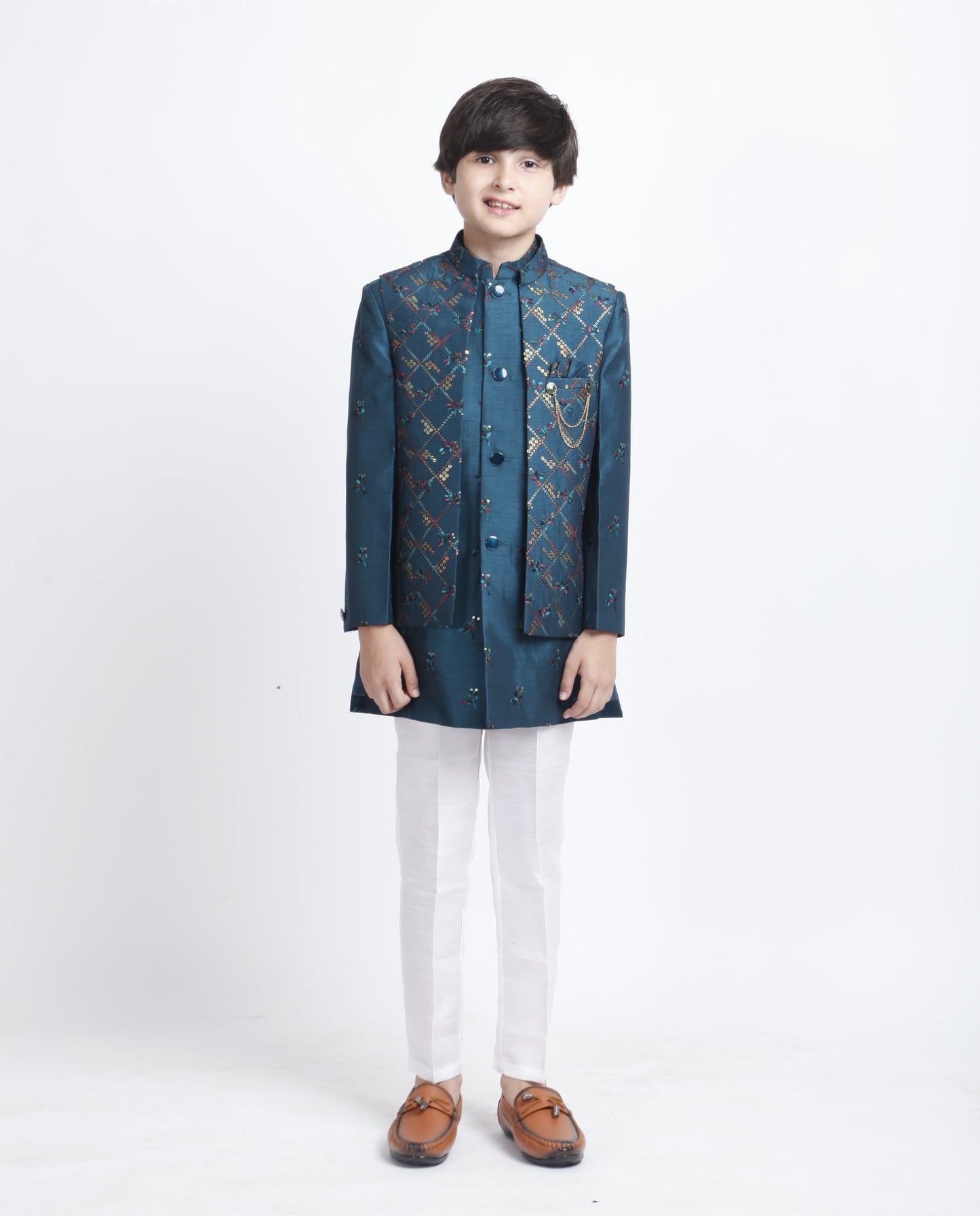 Beautiful Blue Color Silk Embroidery Kid's Kurta With Pajama Pant