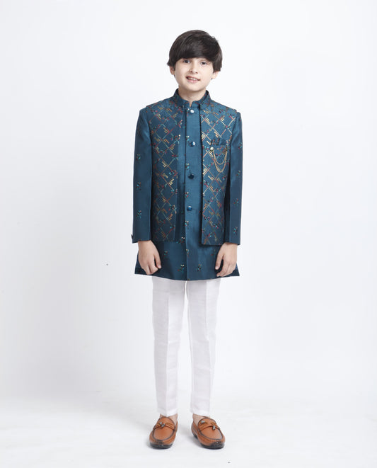 Beautiful Blue Color Silk Embroidery Kid's Kurta With Pajama Pant