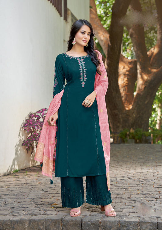 Appealing Teal Green Colored Heavy Rayon Embroidery And Handwork Palazzo Suits For Women