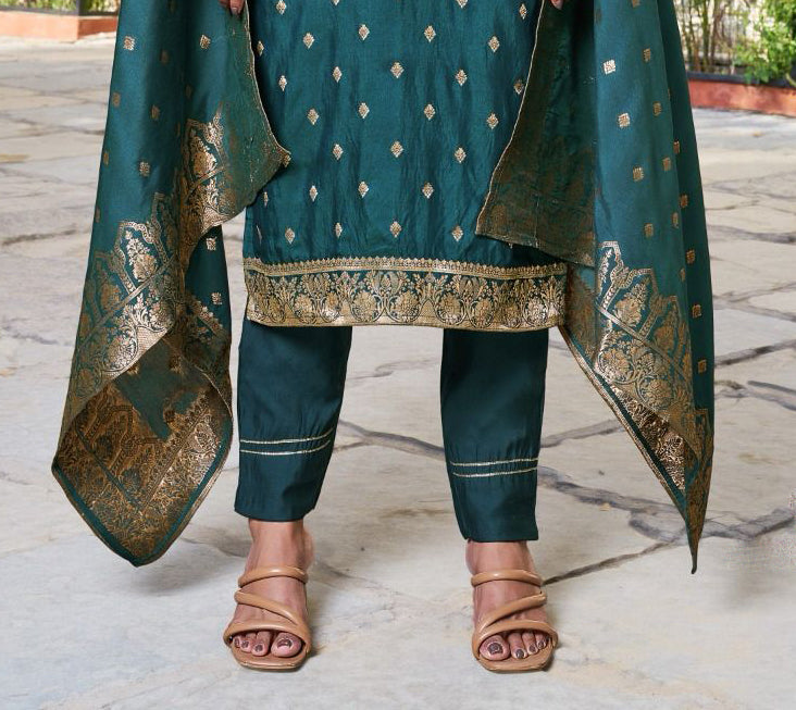 Teal Blue Color Designer Jaquard And Khatli Work Salwar Suits With Dupatta For Women In USA