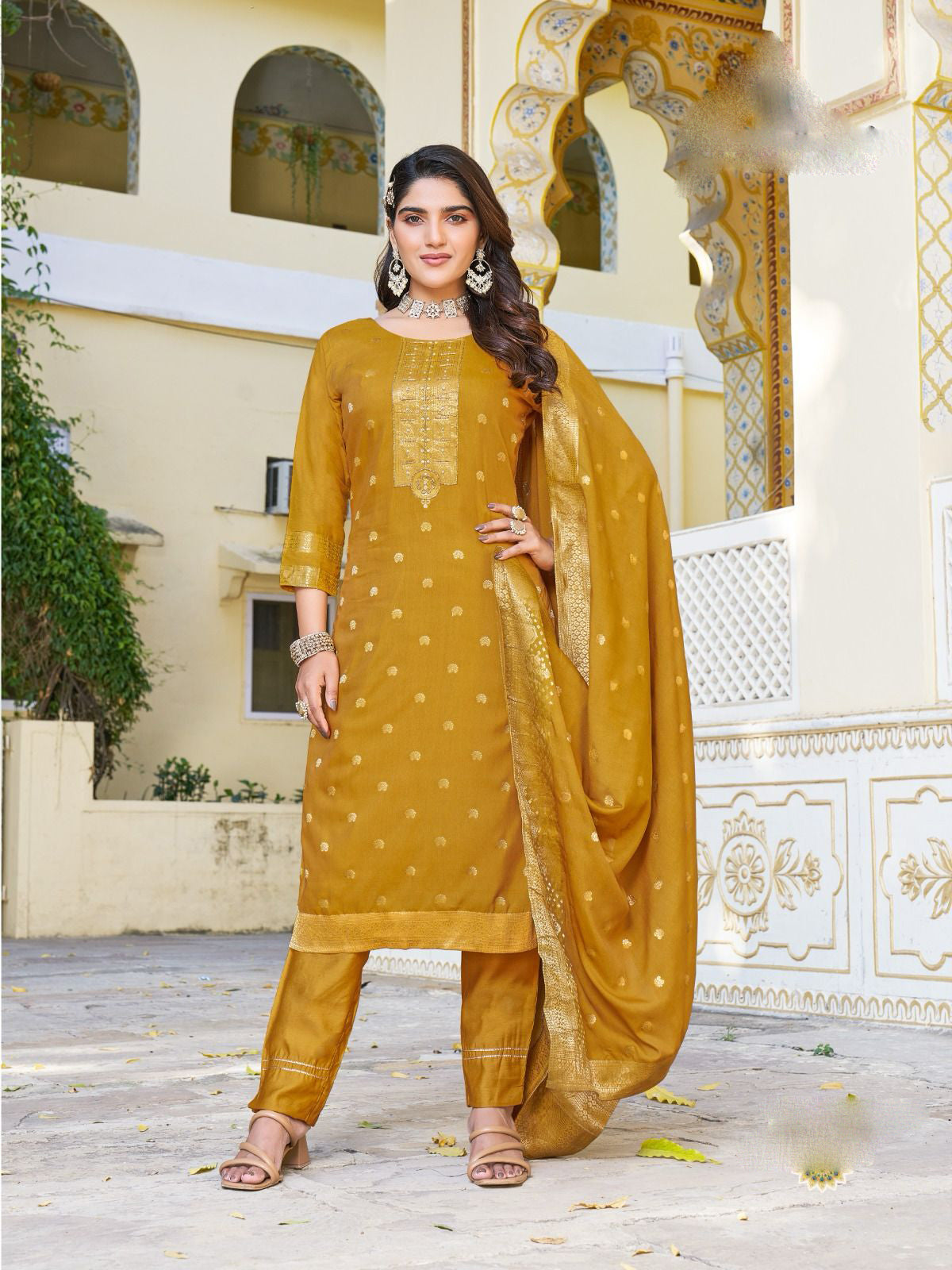 Attractive Mustard Yellow Color Jaquard Salwar Suits With Dupatta