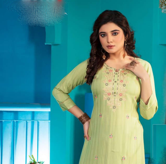 Alluring Light Green Colored A - Line Kurti With Computer Dori Sequence Embroidery Work For Women Near Me