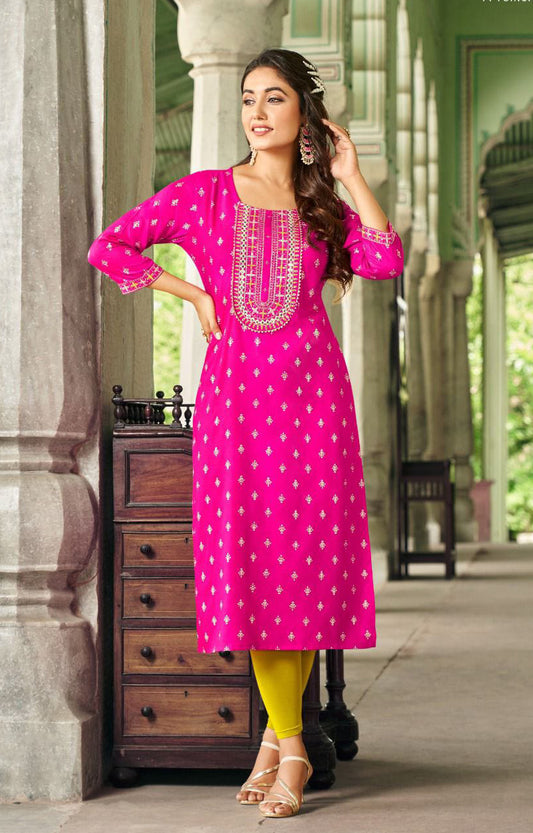 Attractive Pink Color Designer Rayon Foil Print Kurti With Fancy Embroidery Work For Women