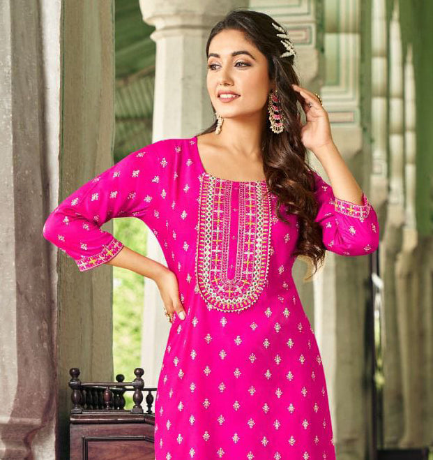 Attractive Pink Color Designer Rayon Foil Print Kurti With Fancy Embroidery Work For Women Near Me