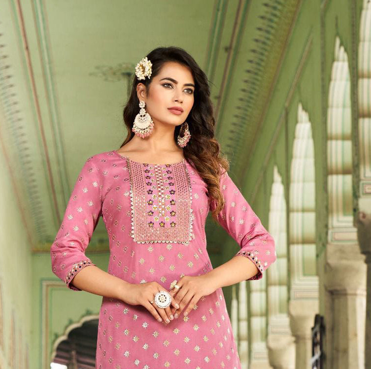 Elegant Light Pink Color Classy Rayon Foil Print With Embroidery Work Kurti For Women Near Me