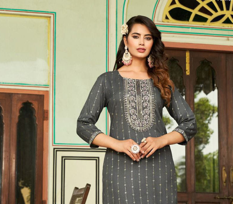 Elegant Gray Color Designer Rayon Foil Print Kurti With Fancy Embroidery Work Near Me