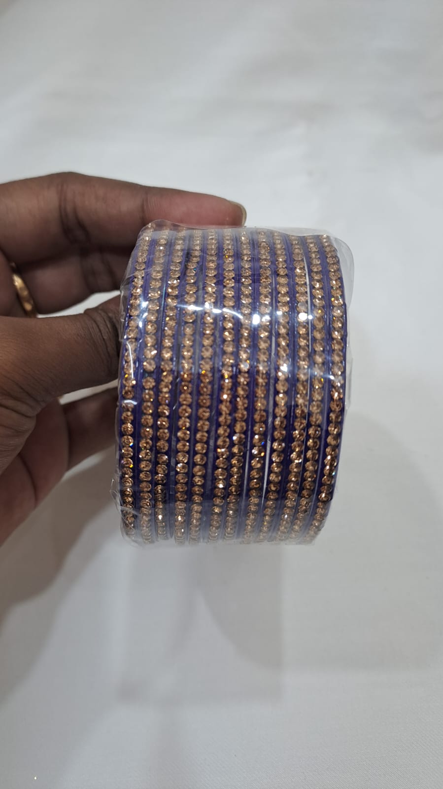 Attractive Blue Color Glass Bangles With Golden Stone For Women