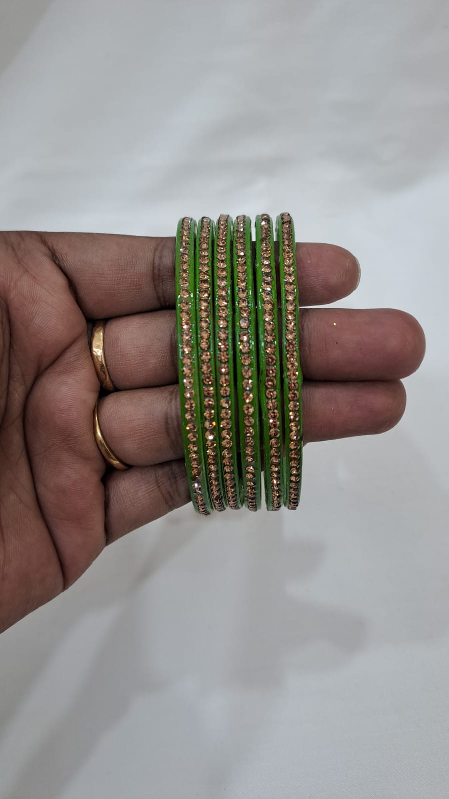 Gorgeous Light Green Color Glass Bangles With Golden Stones For Women