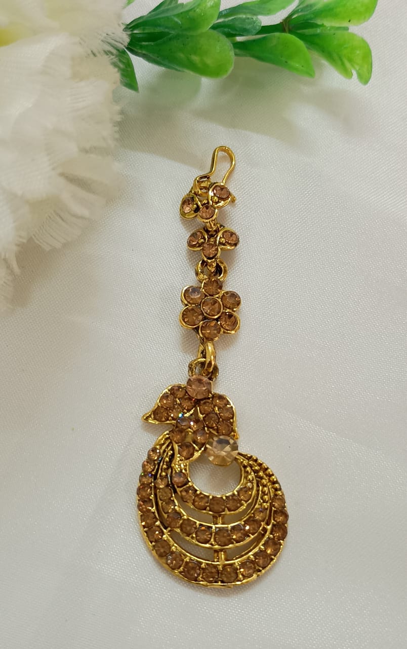 Orange Color Stone Studded Gold Plated Tikka Near Me