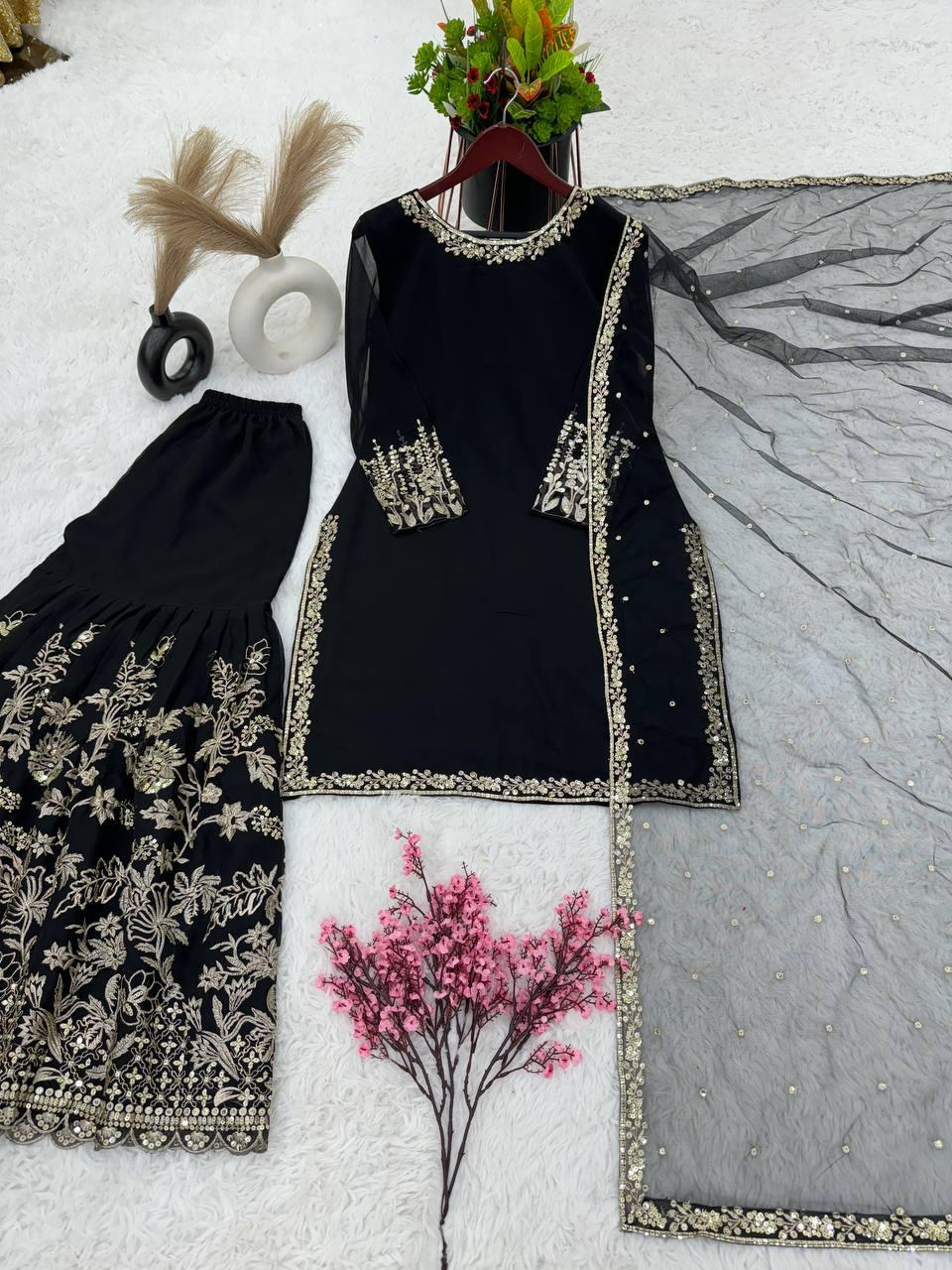 Alluring Black Color Heavy Faux Georgette Palazzo Suits In Chandler