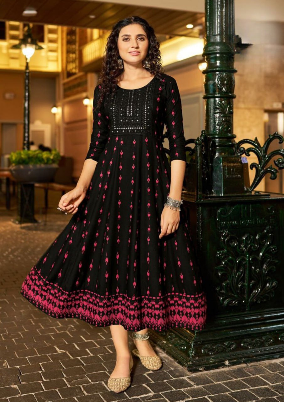 Alluring Black Colored Rayon With Neck Embroidery Work Kurti For Women