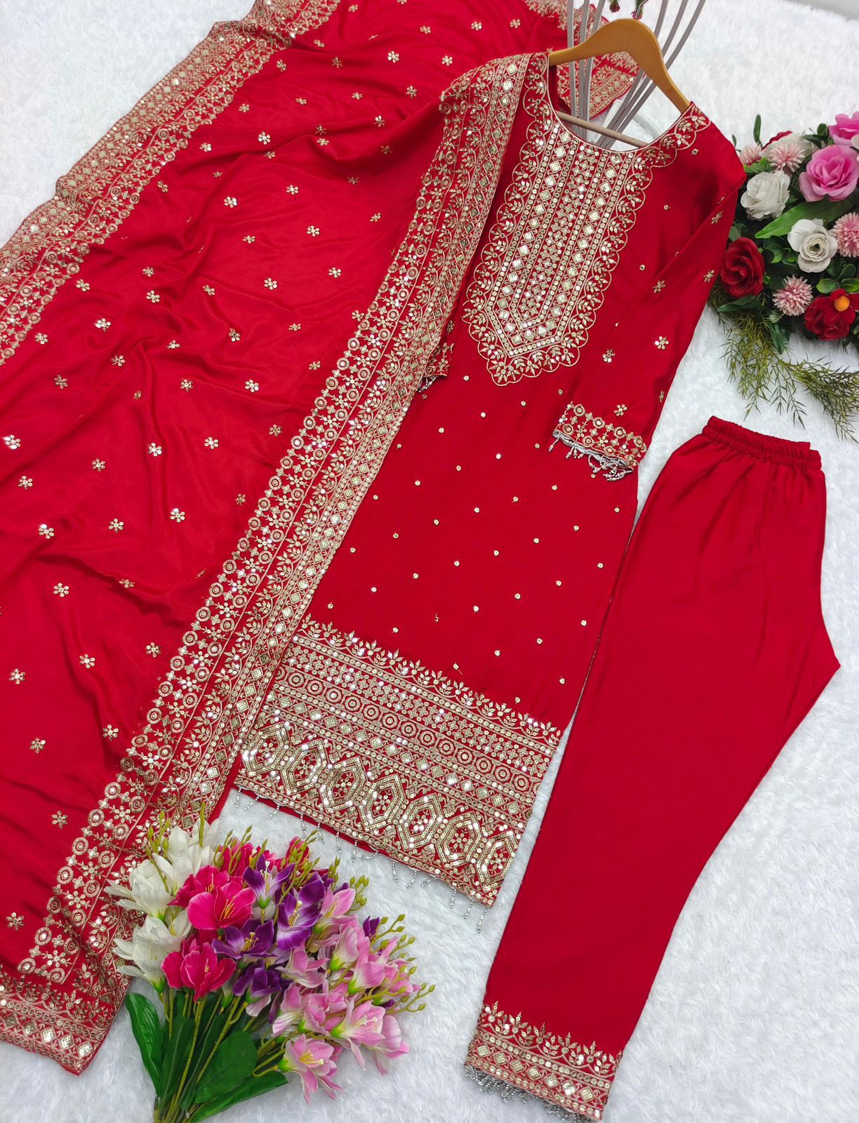 Red Color Chinon Silk Embroidery in USA