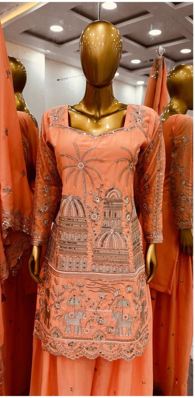 Orange Color Sahara Chinnon Silk Top, Bottom And Dupatta Set In Tempe