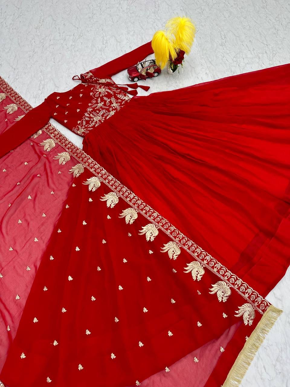Red Colored Embroidery Work Long Gown With Dupatta In USA