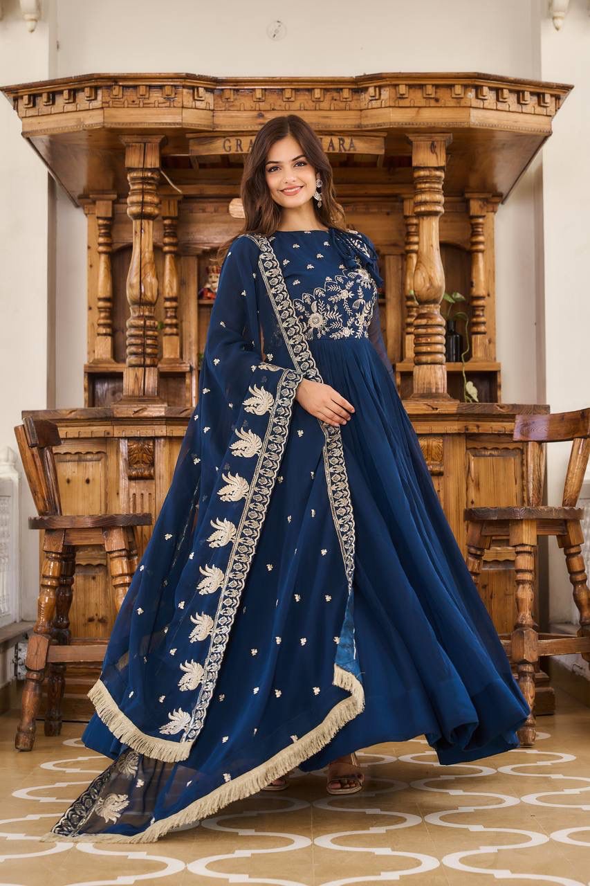 Blue Colored Sequins Embroidery Work Long Gown In Tempe