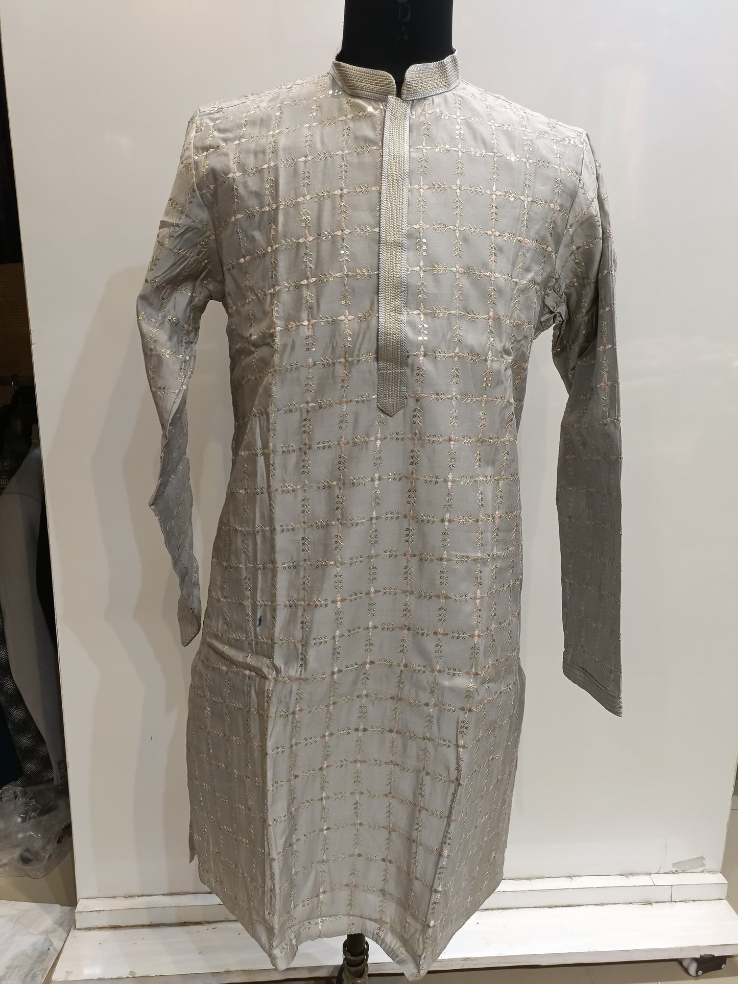 Beautiful Grey Color Silk Kurta With Embroidery Work Suits For Men