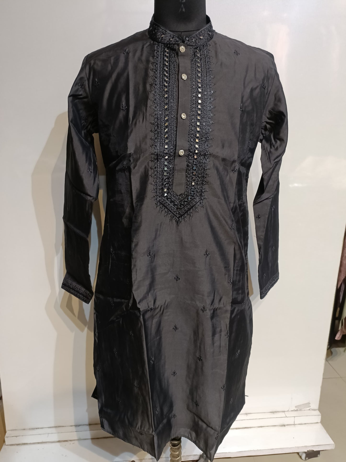 Pretty Black Color Silk Kurta With Embroidery Work Suits For Men