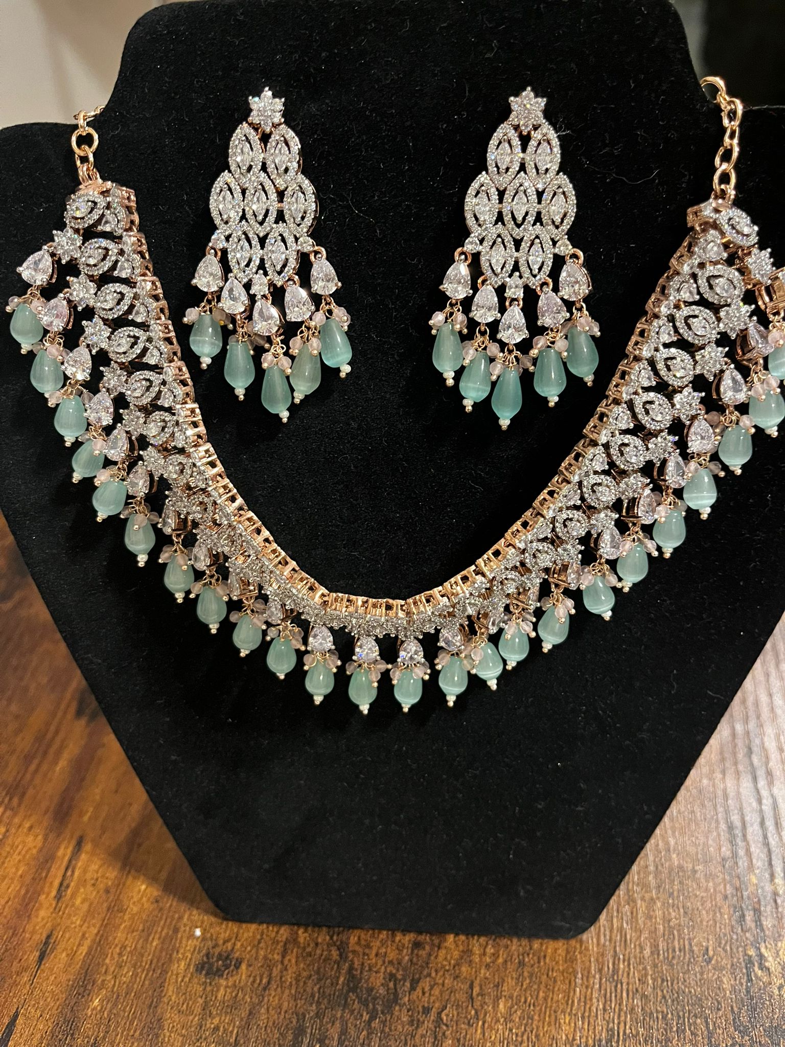 Elegant Light Green Color Gold Plated Necklace With Earrings
