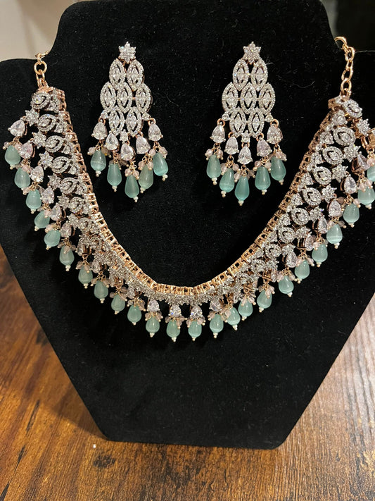 Elegant Light Green Color Gold Plated Necklace With Earrings