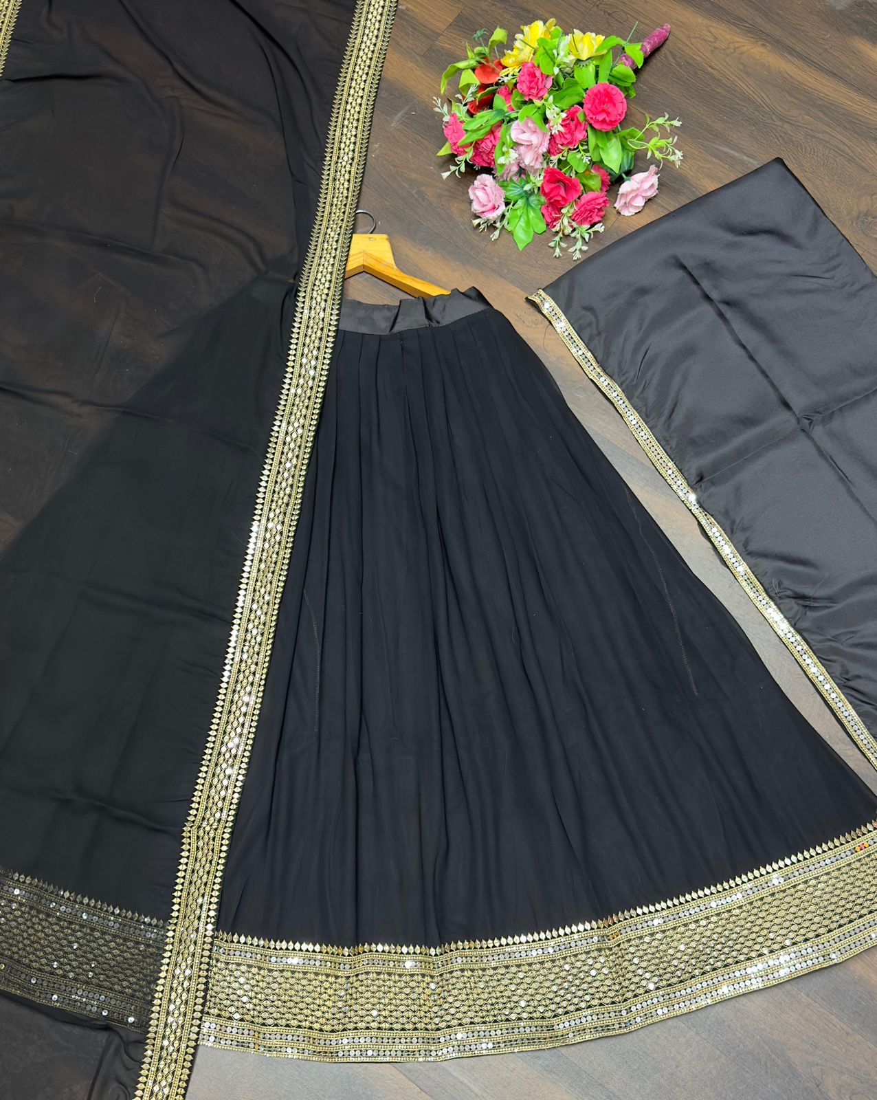 Attractive Black Color Sequins Embroidery Work Lehenga With Dupatta In Yuma