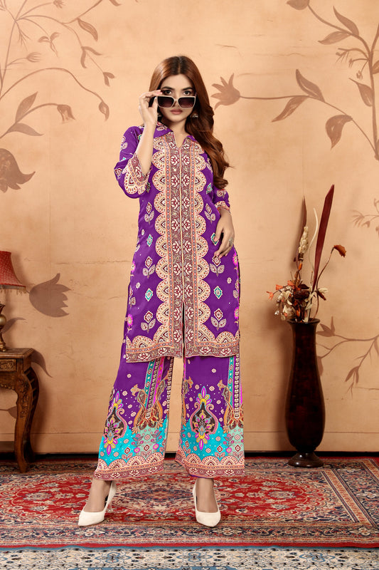 Alluring Purple Color Printed Pure Natural Crepe Indo Western Palazzo Suits For Women