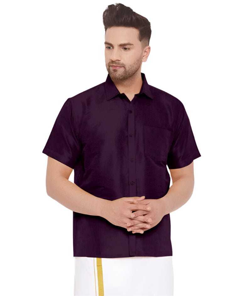 Attractive Wine Color Formal Half Sleeves Silk Shirt M(38) / Silk / Wine Attractive Wine Color Formal Half Sleeves Silk Shirt M(38) / Silk / Wine