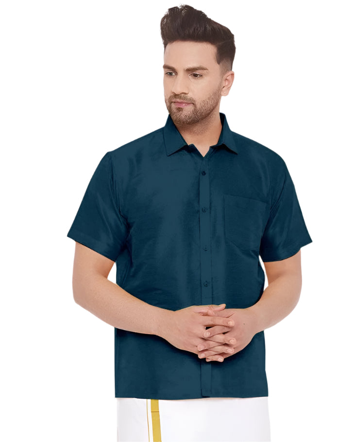 Elegant Teal Blue Color Formal Half Sleeves Silk Shirt M(38) / Silk / Teal Blue Elegant Teal Blue Color Formal Half Sleeves Silk Shirt M(38) / Silk / Teal Blue