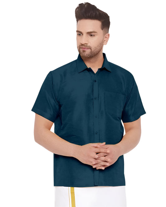 Elegant Teal Blue Color Formal Half Sleeves Silk Shirt