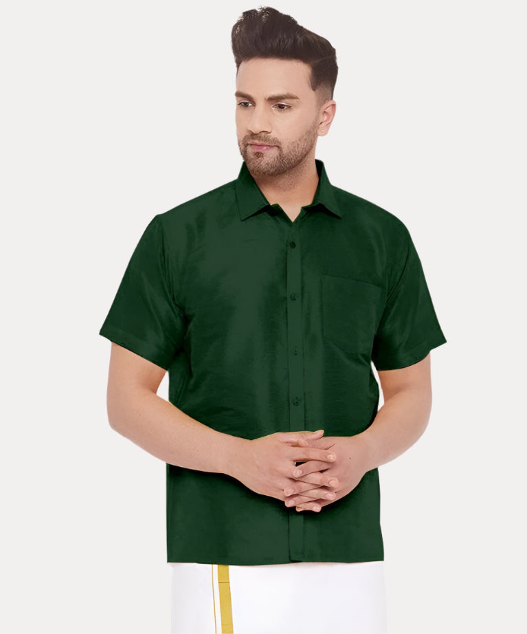Attractive Green Color Formal Half Sleeves Silk Shirt
