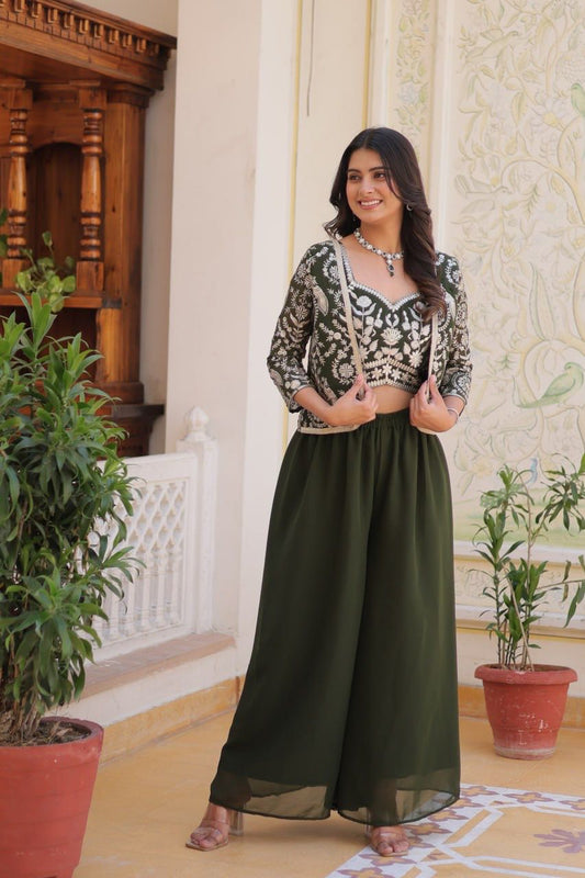 Elegant Green Color Heavy Faux Georgette Embroidery Lace Work With Indo Western Palazzo Suits For Women