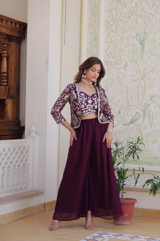 Attractive Purple Color Heavy Faux Georgette Embroidery Lace Work With Indo Western Palazzo Suits For Women