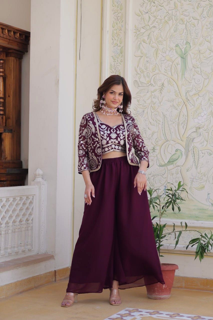 Georgette Embroidery Lace Work With Indo Western Palazzo Suits Near Me