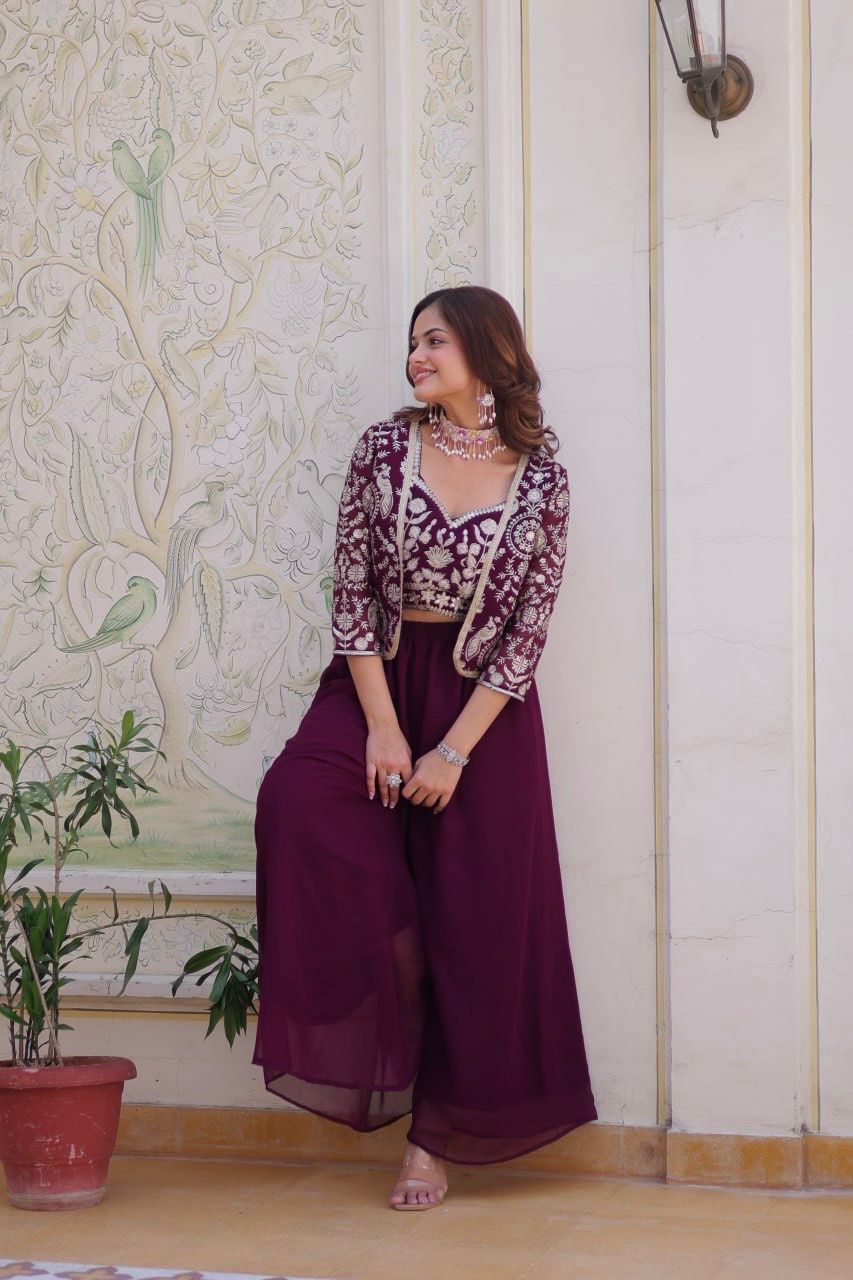 Embroidery Lace Work With Indo Western Palazzo Suits For Women in Suncity