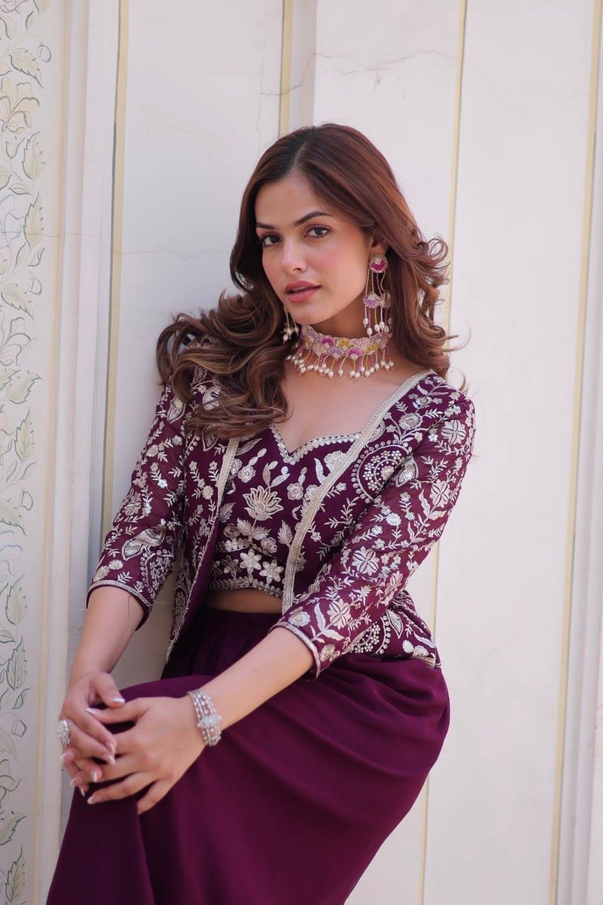 Embroidery Lace Work With Indo Western Palazzo Suits in Skullvalle