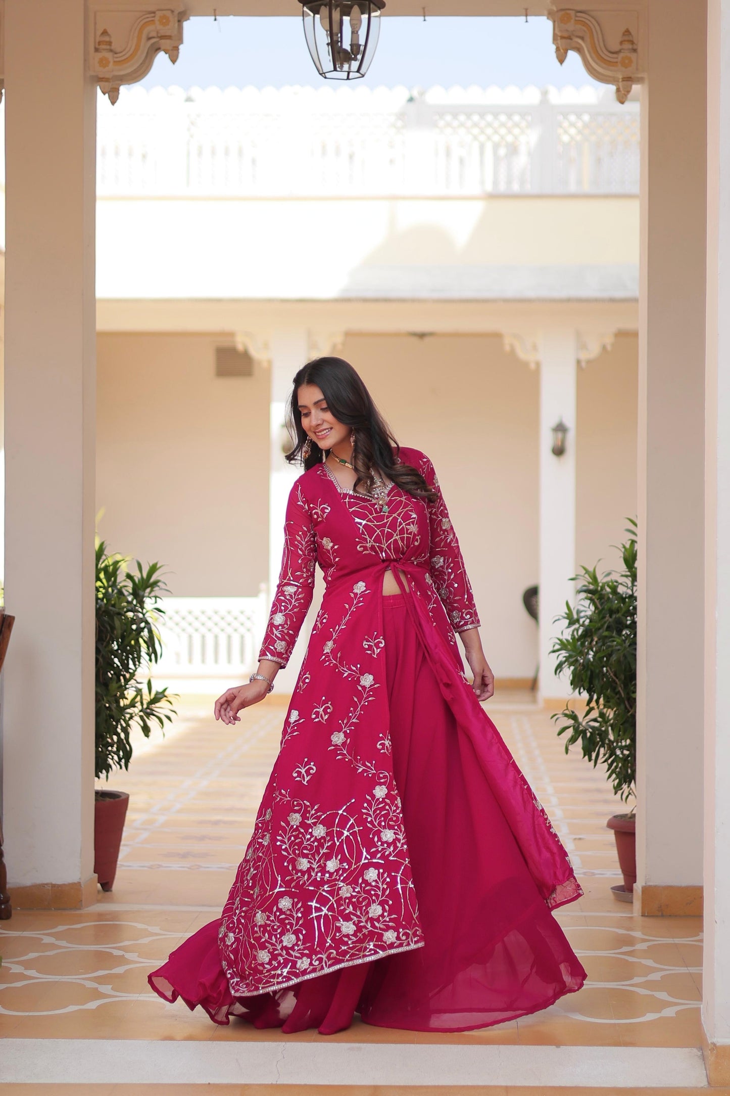 Beautiful Rani Pink Color Faux Georgette Embroidery Lace Work With Indo Western Palazzo Suits For Women