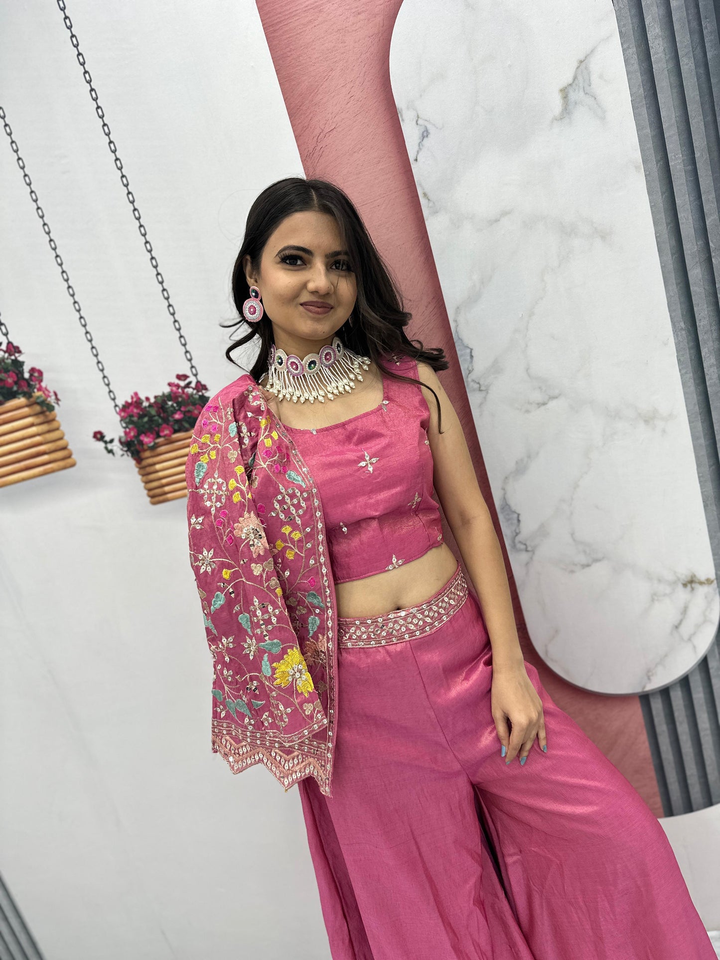 Pink Color Embroidery Sequins Work With Indo Western Palazzo Suits in USA