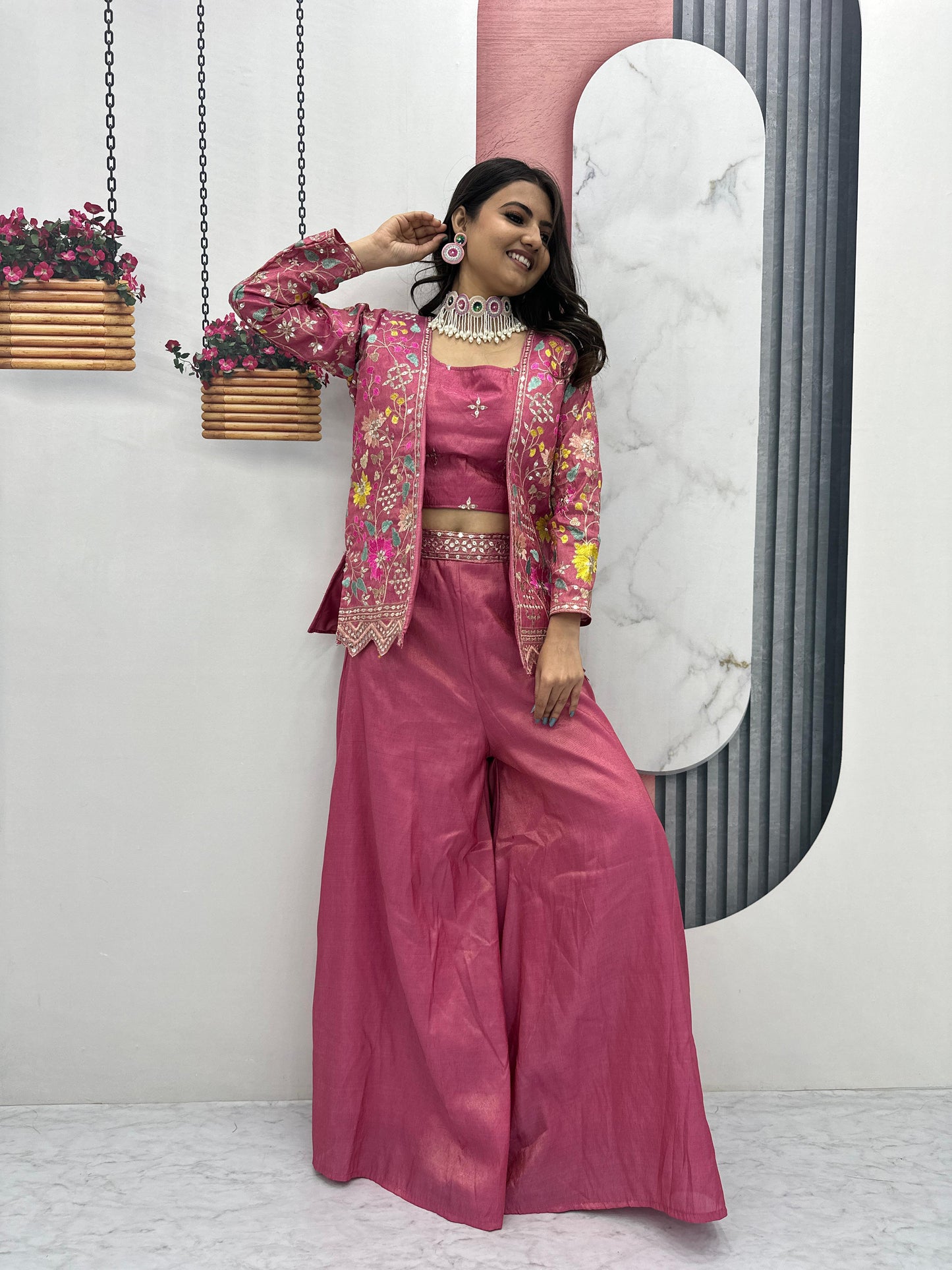 Beautiful Pink Color Embroidery Sequins Work With Indo Western Palazzo Suits For Women