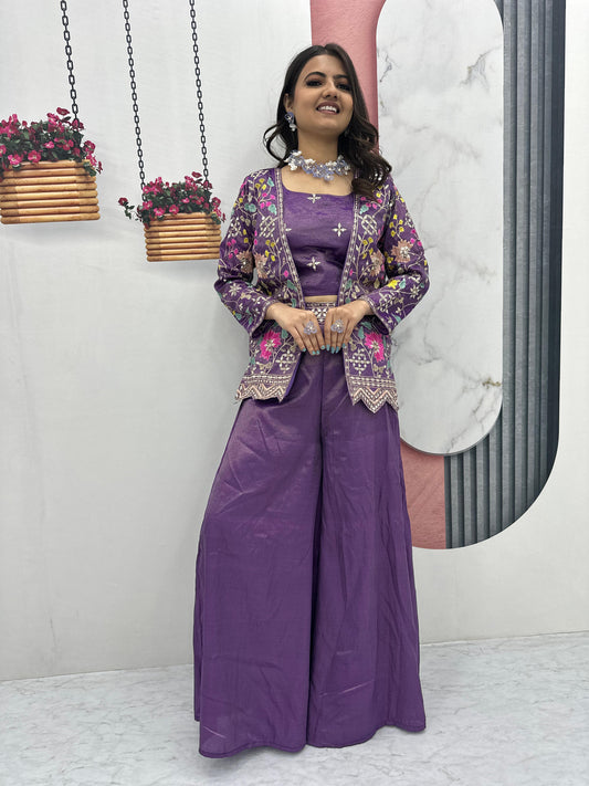 Attractive Purple Color Embroidery Sequins Work With Indo Western Palazzo Suits For Women
