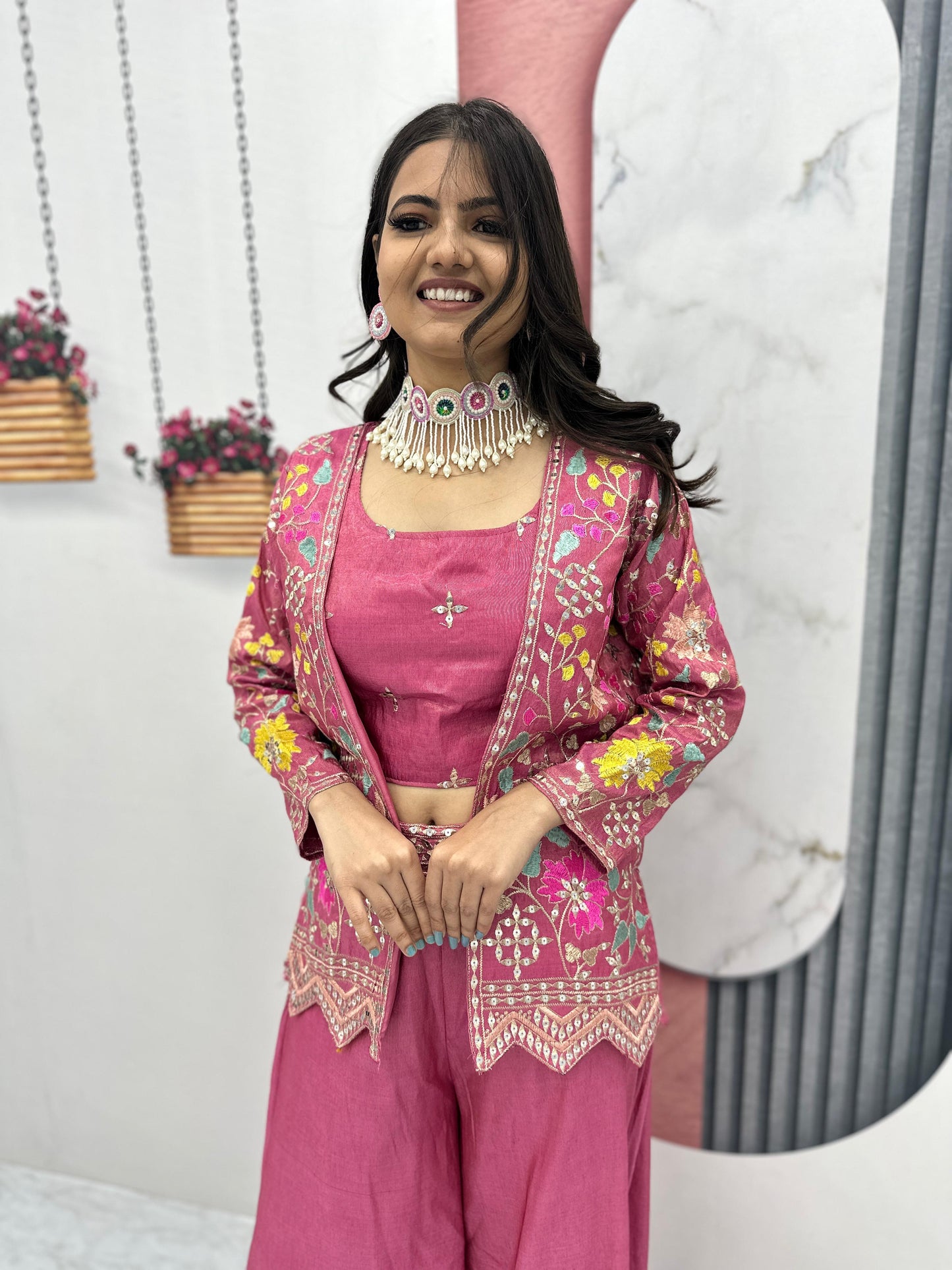 Beautiful Pink Color Embroidery Sequins Work With Indo Western Palazzo Suits in Phoenix