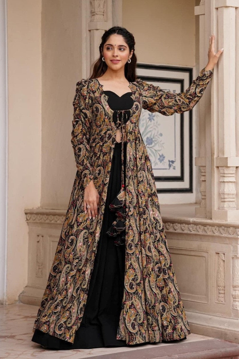Attractive Printed Black Shrug Style Indo Western Gown For Women