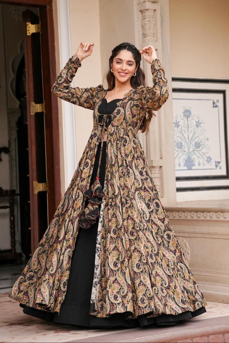 Attractive Printed Black Shrug Style Indo Western Gown Near Me
