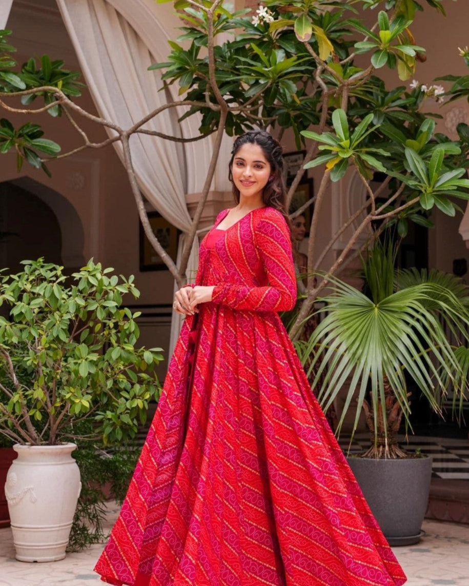 Elegant Printed Rani Pink Shrug Style Indo Western Gown Near Me